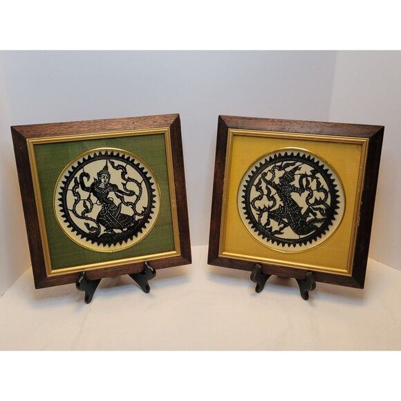 Vintage Thai Art Carved Leather Figures Indigenous Nang Folk Art In Wood Frame